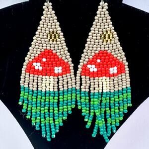 Mushroom Beaded Earrings Fringe Dangle Statement Earrings Boho Hippie‎ Style